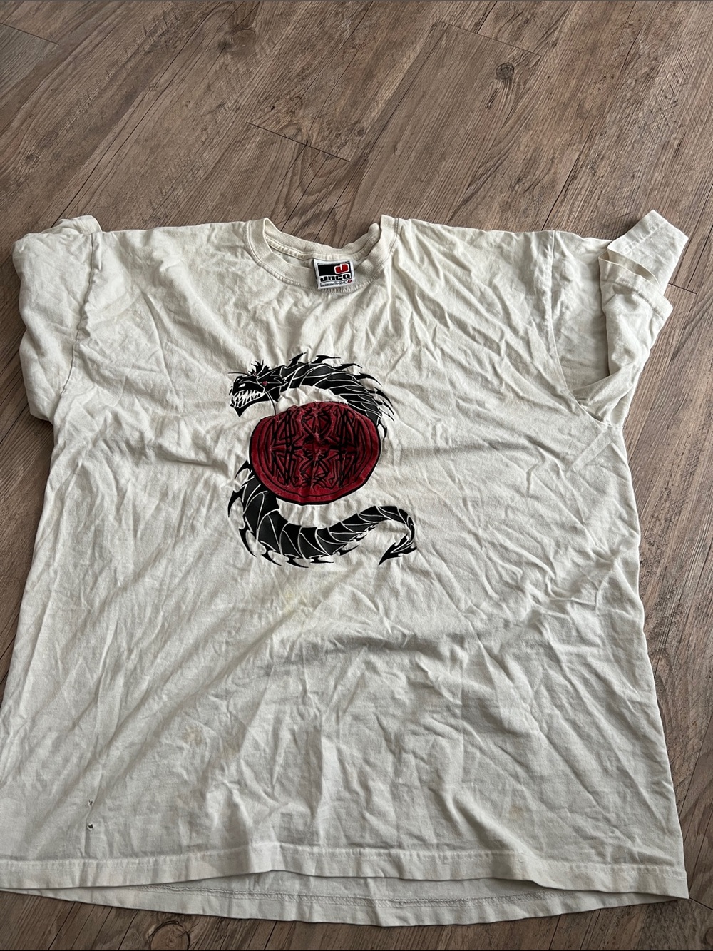 JNCO Cream Short Sleeve Tee with Red and Black Dragon Graphic